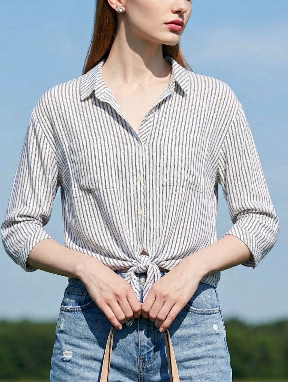 Reitmans White Button-Down Tie-Front Shirt with Black Stripes